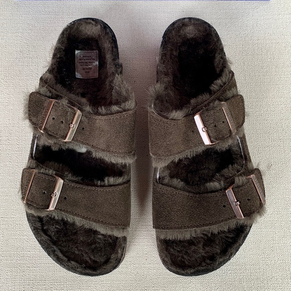 BIRKENSTOCK NEW Arizona Shearling Fur Suede Leather Mocha Brown Sandals 40 9 9.5 - Picture 3 of 7